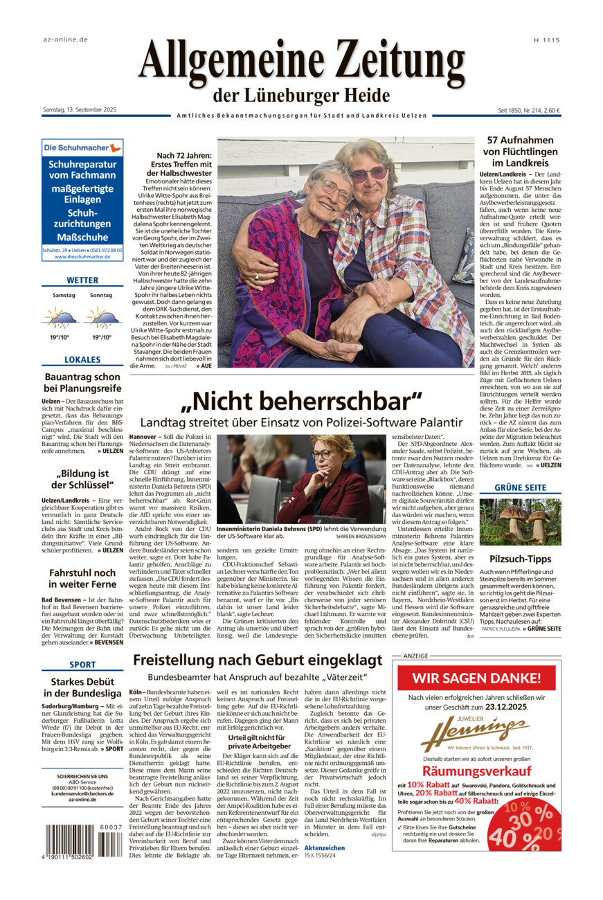 Allgemeine Zeitung vom Samstag, 13.09.2025
