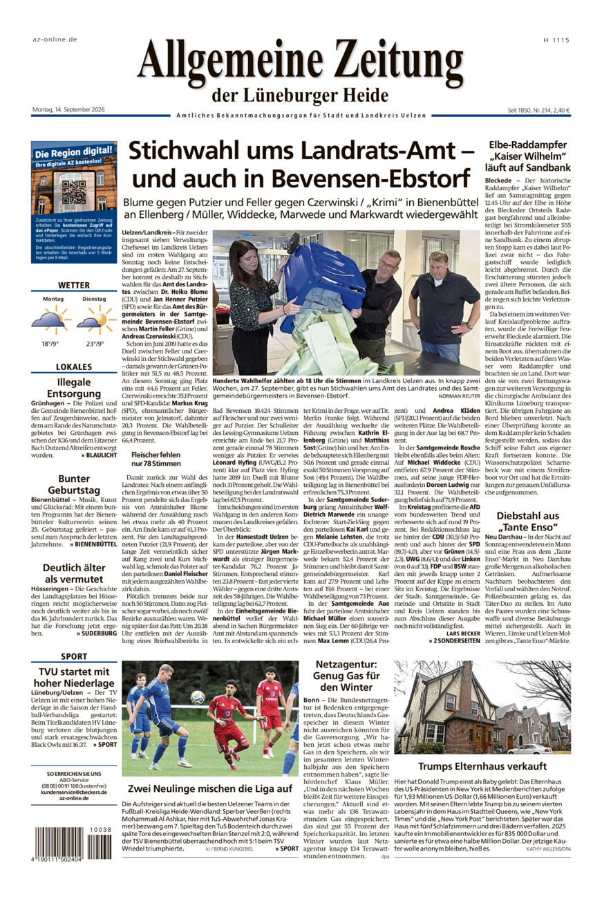 Allgemeine Zeitung vom Montag, 14.09.2026
