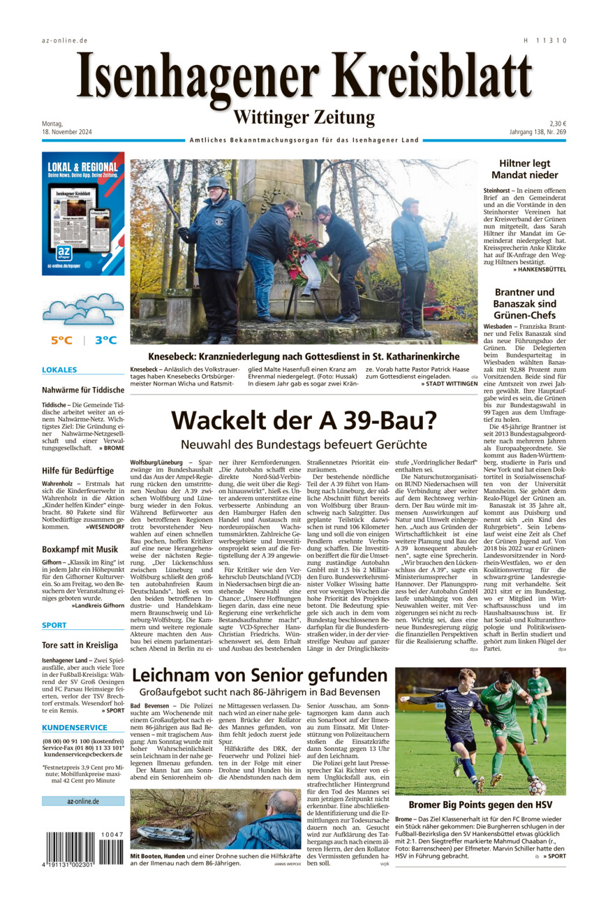 Isenhagener Kreisblatt vom Montag, 18.11.2024