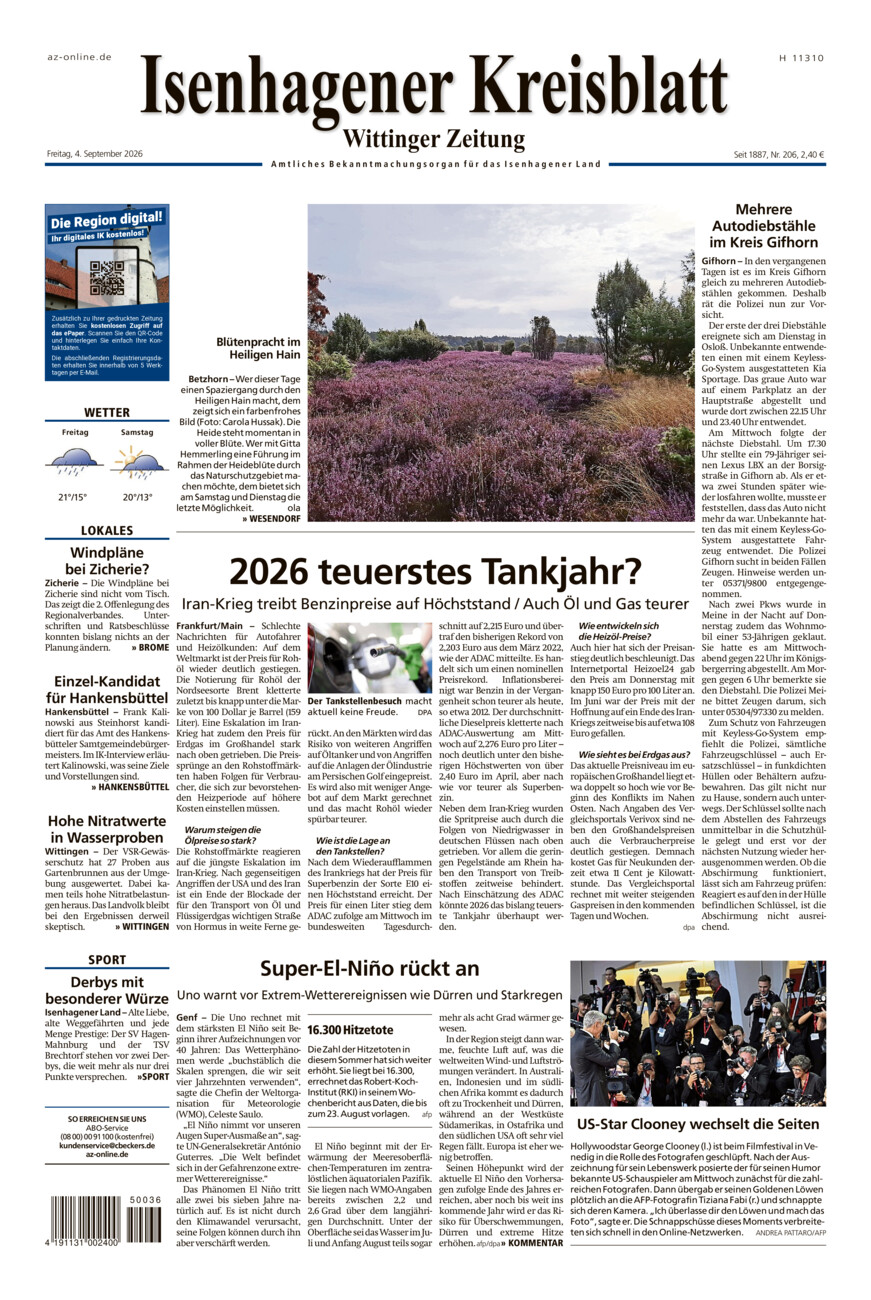 Isenhagener Kreisblatt vom Freitag, 04.09.2026