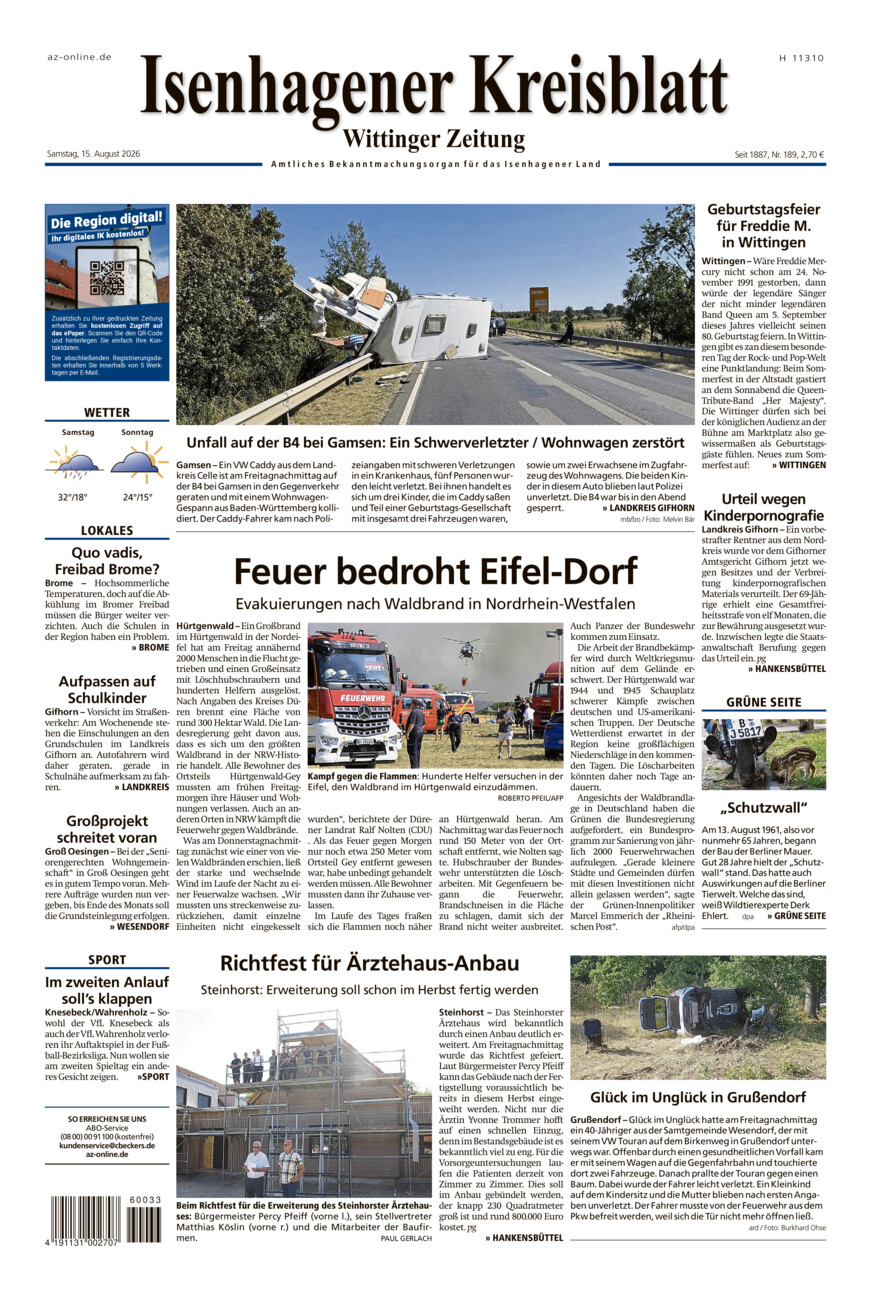 Isenhagener Kreisblatt vom Samstag, 15.08.2026
