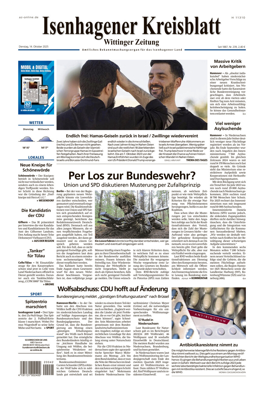 Isenhagener Kreisblatt vom Dienstag, 14.10.2025