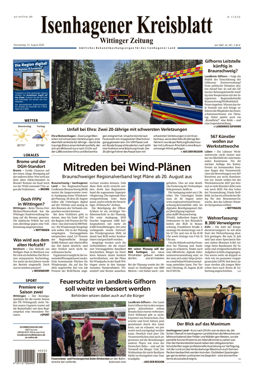 Isenhagener Kreisblatt vom Donnerstag, 13.08.2026