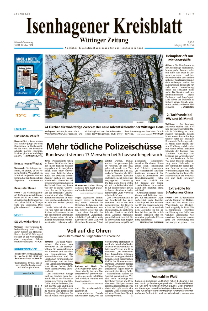 Isenhagener Kreisblatt vom Mittwoch, 30.10.2024