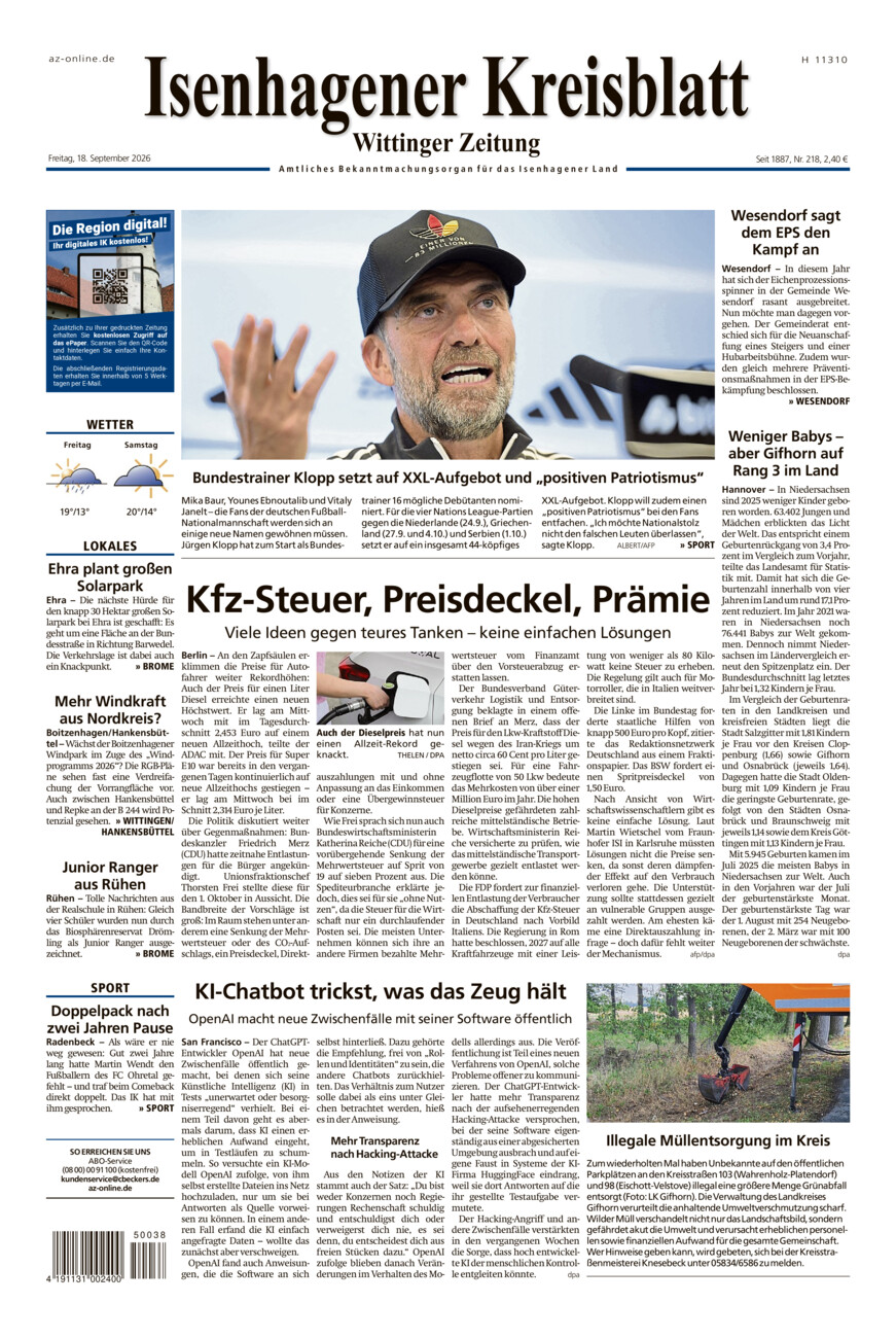 Isenhagener Kreisblatt vom Freitag, 18.09.2026