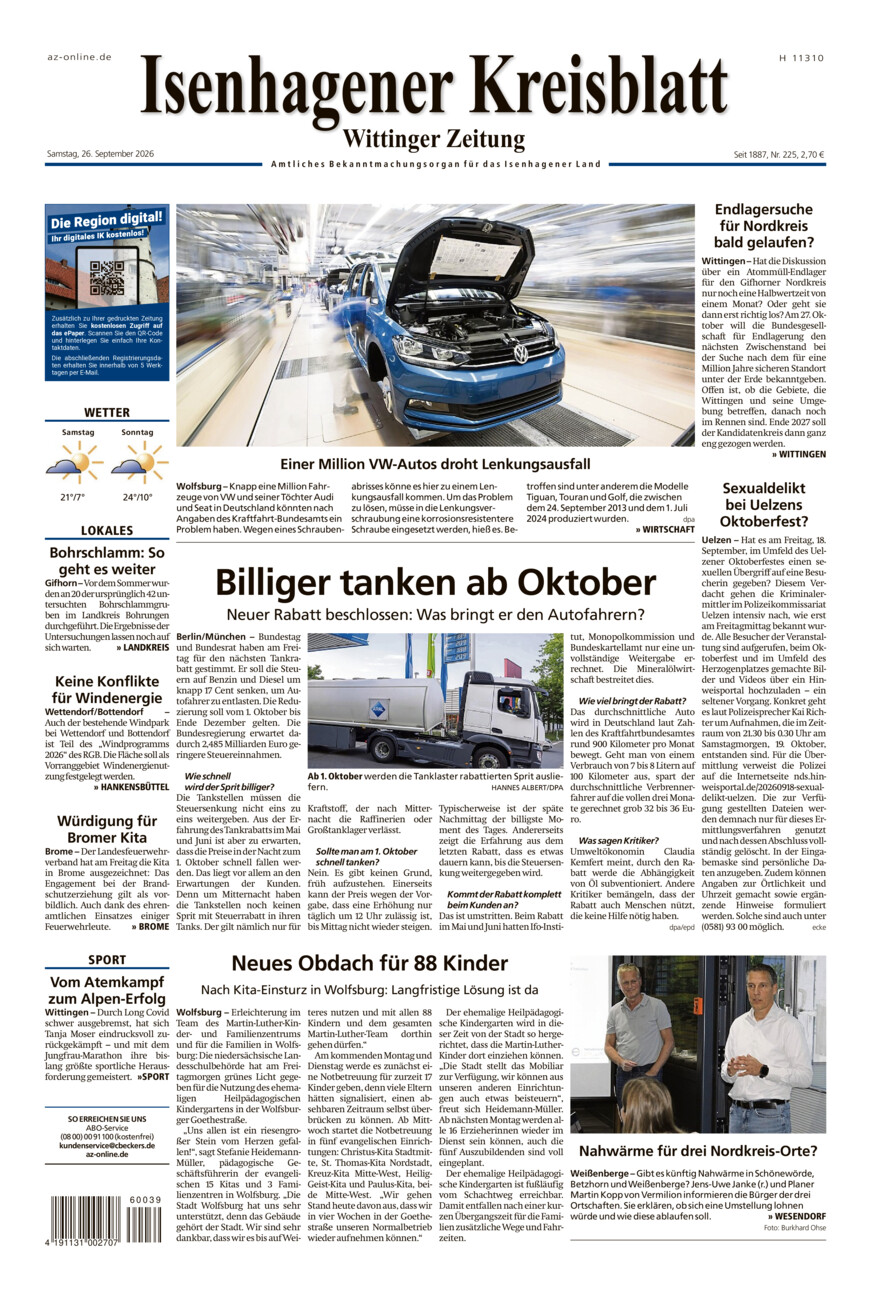 Isenhagener Kreisblatt vom Samstag, 26.09.2026