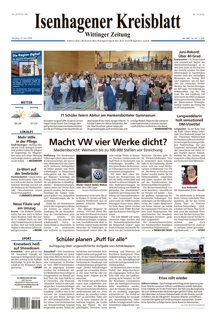 Isenhagener Kreisblatt vom Samstag, 27.06.2026