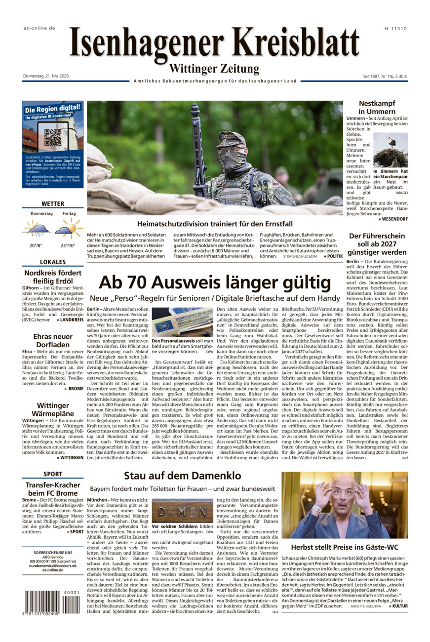Isenhagener Kreisblatt vom Donnerstag, 21.05.2026