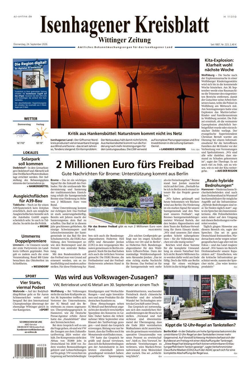Isenhagener Kreisblatt vom Donnerstag, 24.09.2026