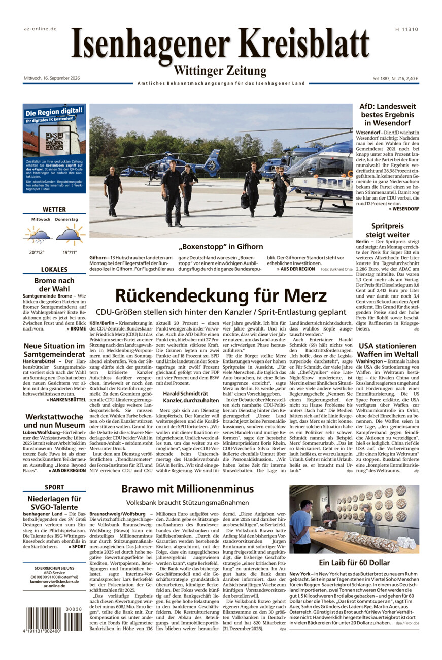 Isenhagener Kreisblatt vom Mittwoch, 16.09.2026