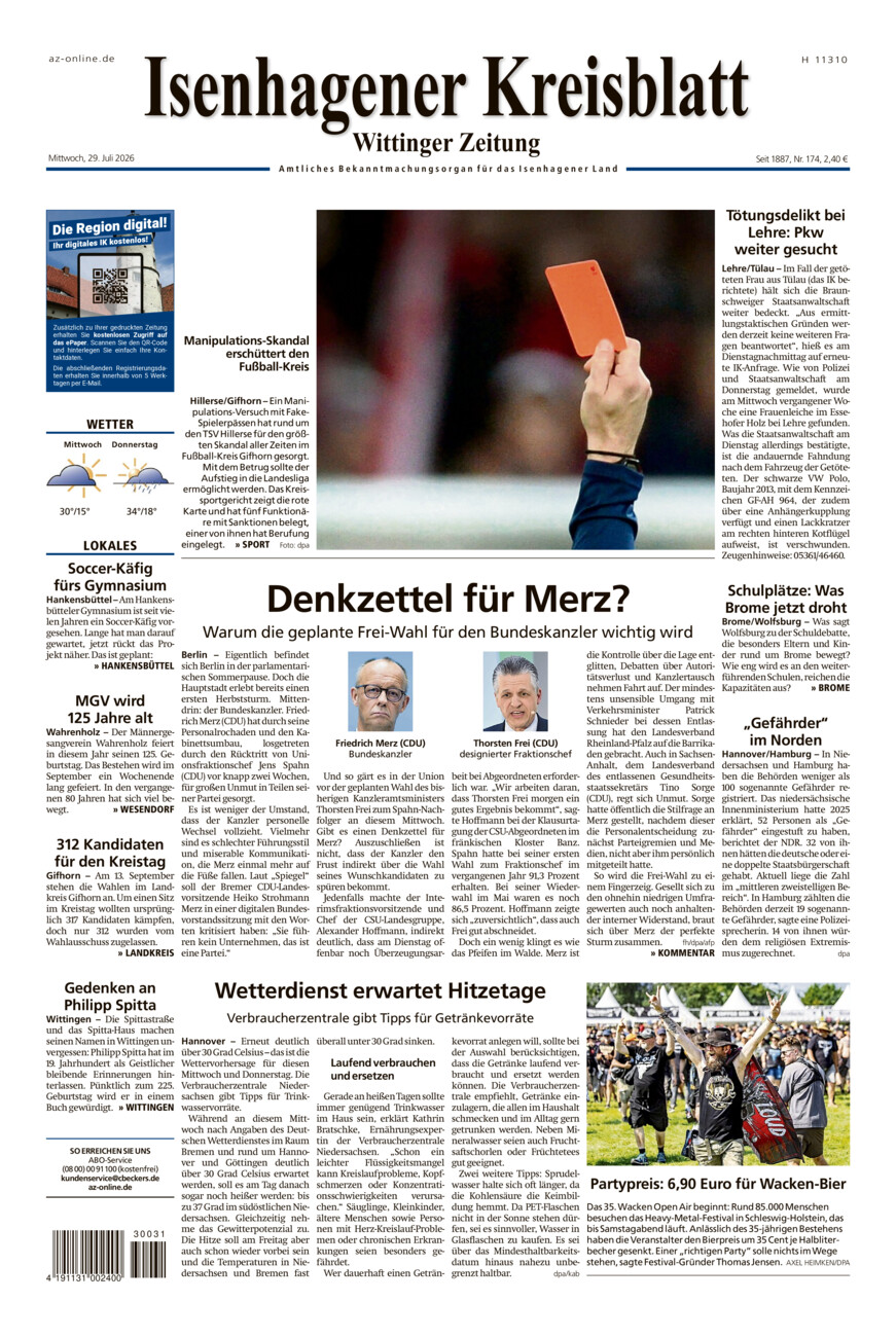 Isenhagener Kreisblatt vom Mittwoch, 29.07.2026