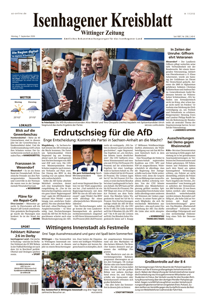 Isenhagener Kreisblatt vom Montag, 07.09.2026