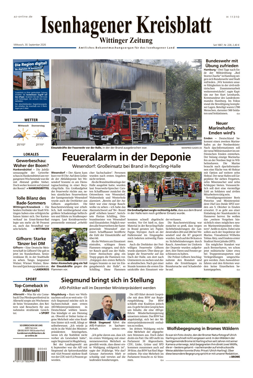Isenhagener Kreisblatt vom Mittwoch, 30.09.2026