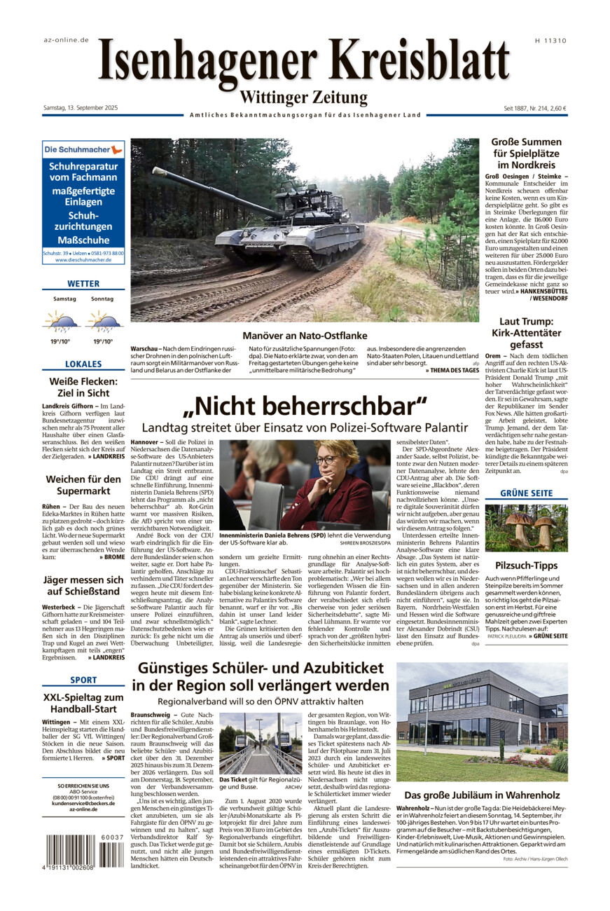 Isenhagener Kreisblatt vom Samstag, 13.09.2025