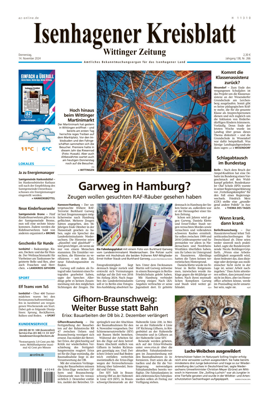 Isenhagener Kreisblatt vom Donnerstag, 14.11.2024