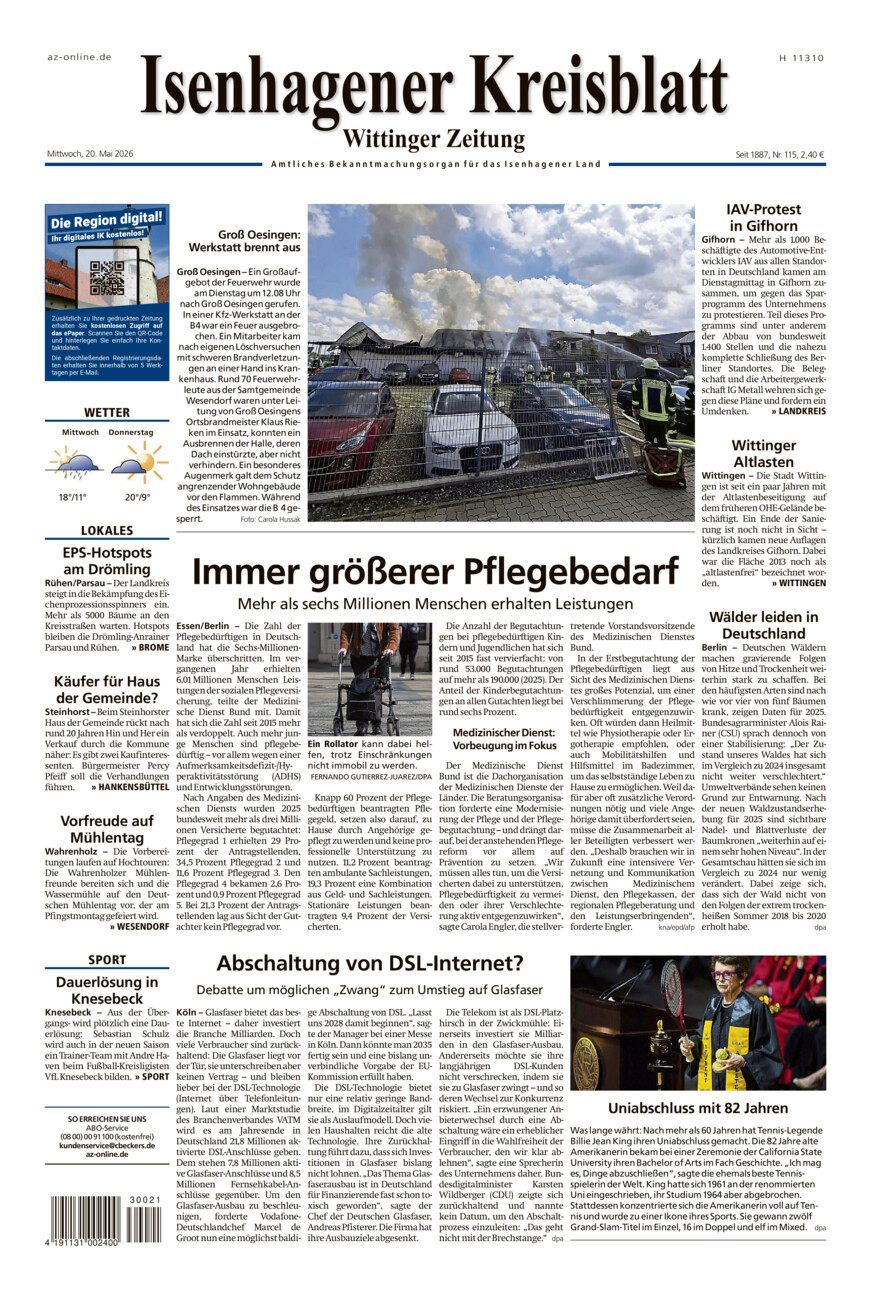 Isenhagener Kreisblatt vom Mittwoch, 20.05.2026