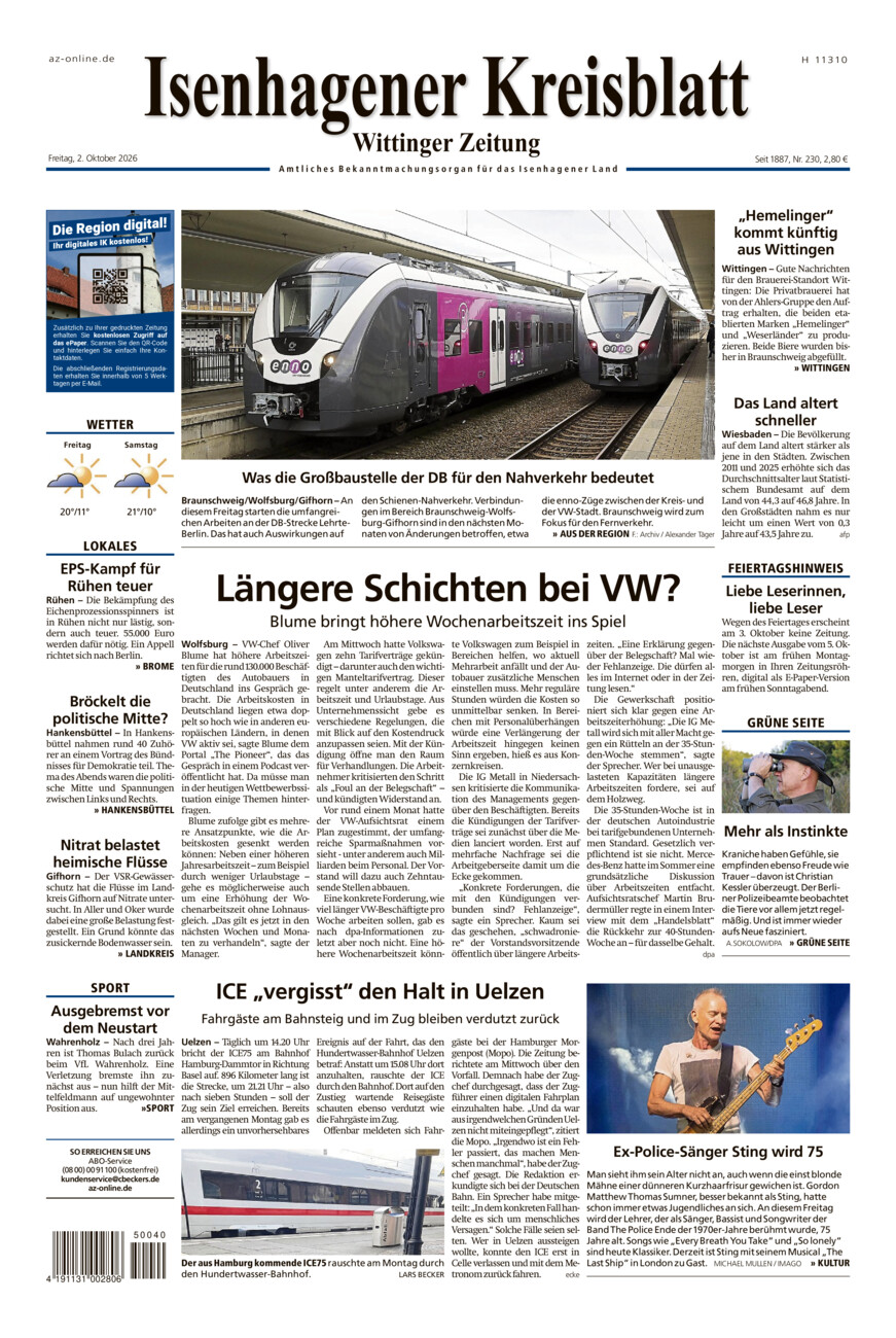 Isenhagener Kreisblatt vom Freitag, 02.10.2026