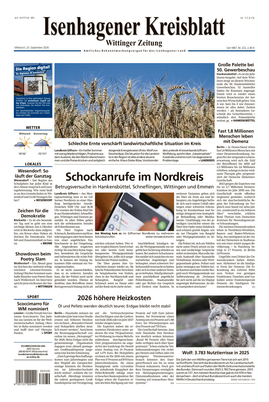 Isenhagener Kreisblatt vom Mittwoch, 23.09.2026