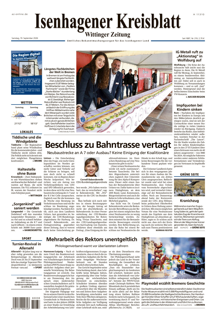 Isenhagener Kreisblatt vom Samstag, 19.09.2026