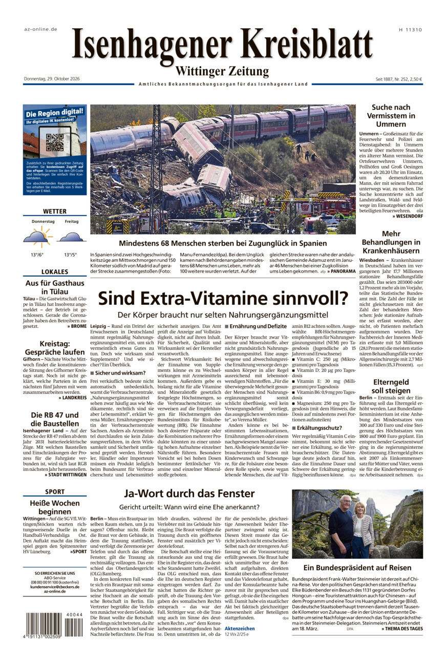 Isenhagener Kreisblatt vom Donnerstag, 29.10.2026