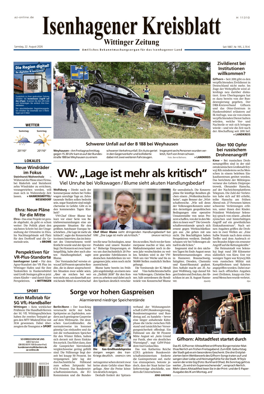 Isenhagener Kreisblatt vom Samstag, 22.08.2026