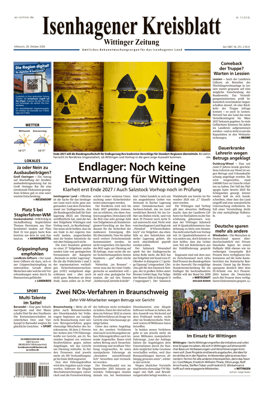 Isenhagener Kreisblatt vom Mittwoch, 28.10.2026