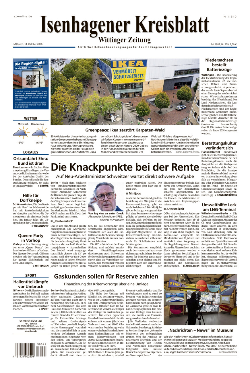 Isenhagener Kreisblatt vom Mittwoch, 14.10.2026