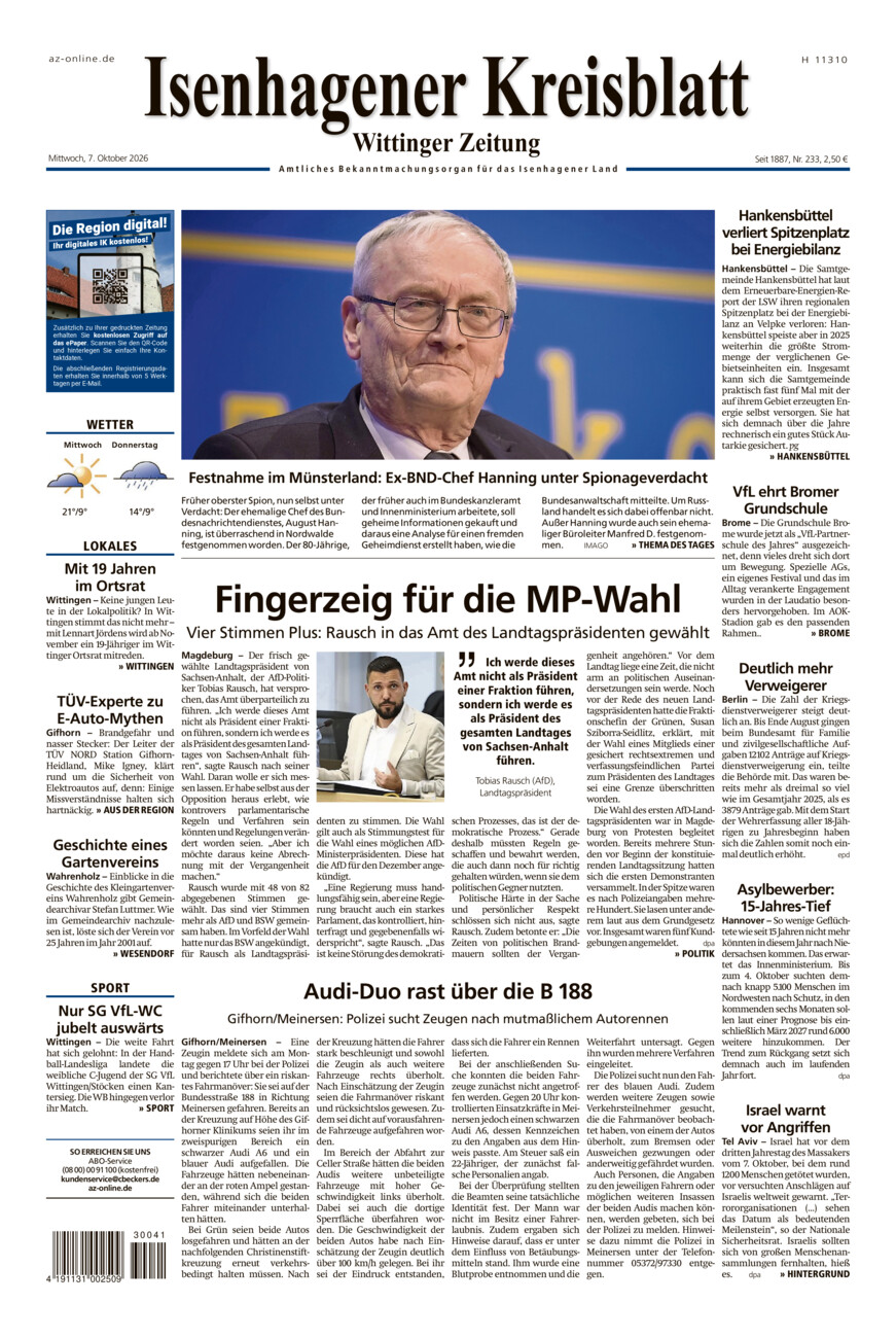 Isenhagener Kreisblatt vom Mittwoch, 07.10.2026