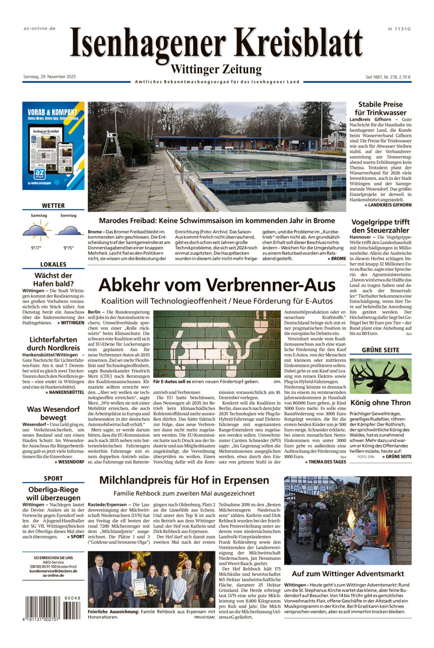 Isenhagener Kreisblatt vom Samstag, 29.11.2025
