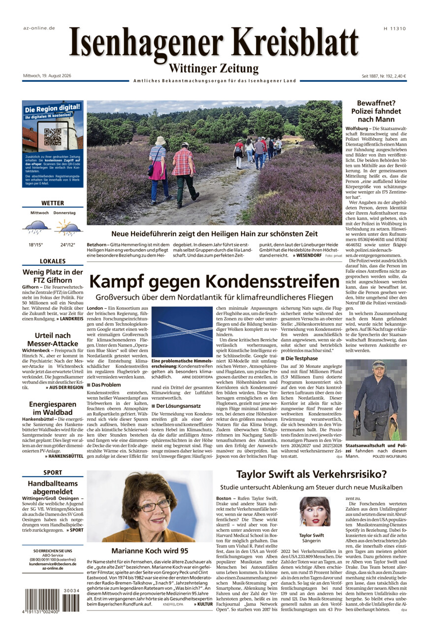 Isenhagener Kreisblatt vom Mittwoch, 19.08.2026