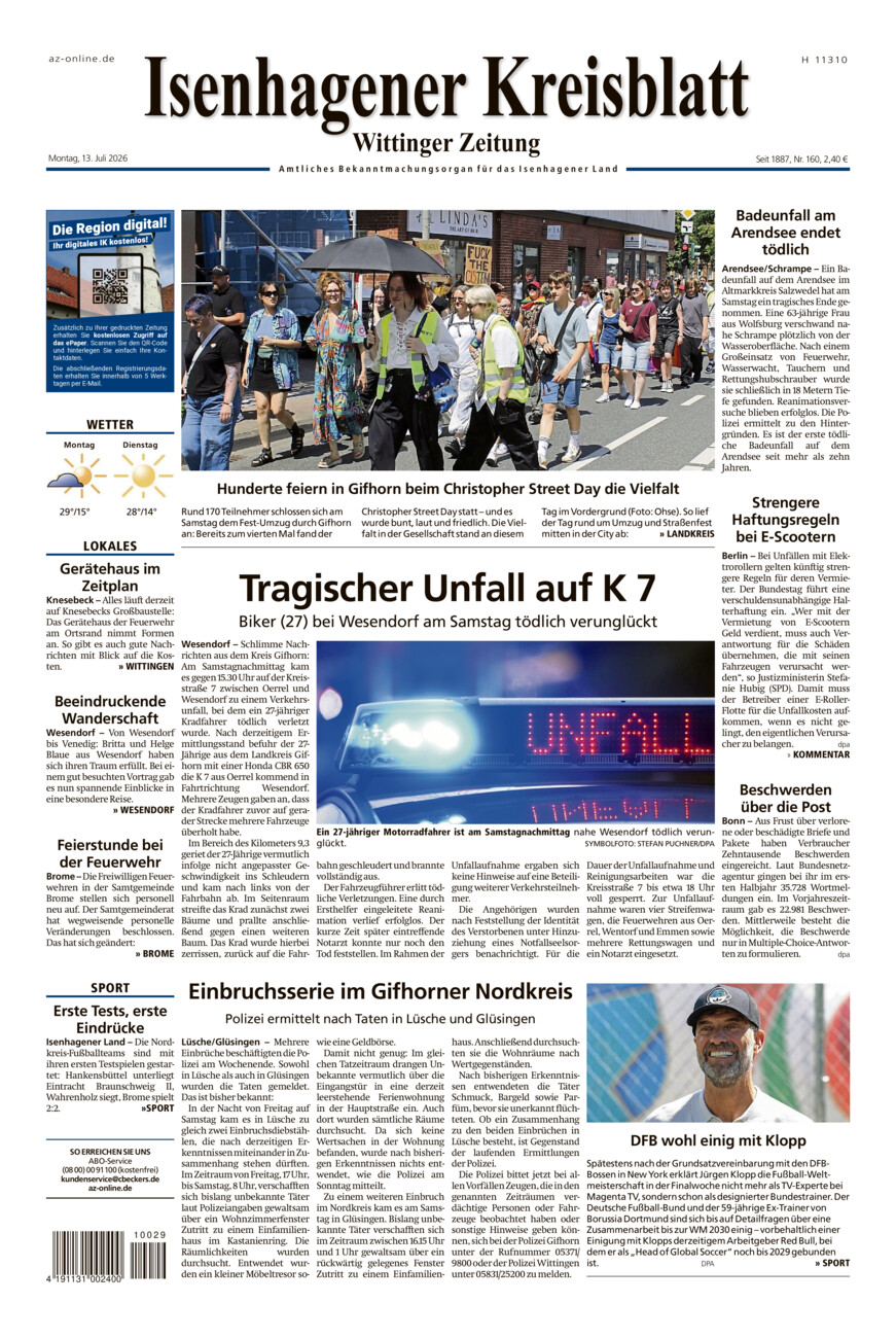 Isenhagener Kreisblatt vom Montag, 13.07.2026