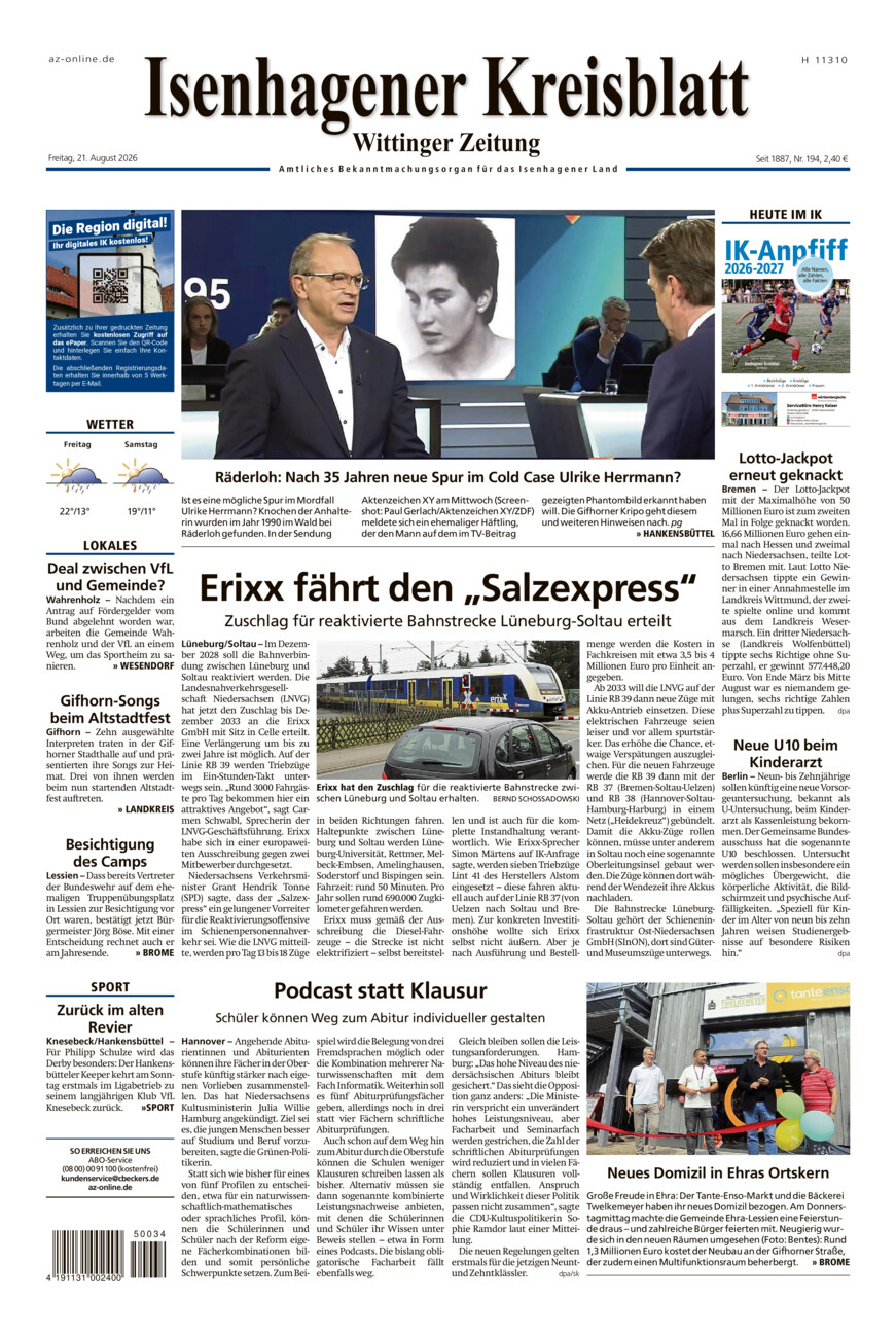 Isenhagener Kreisblatt vom Freitag, 21.08.2026