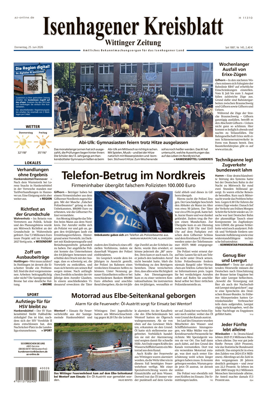 Isenhagener Kreisblatt vom Donnerstag, 25.06.2026