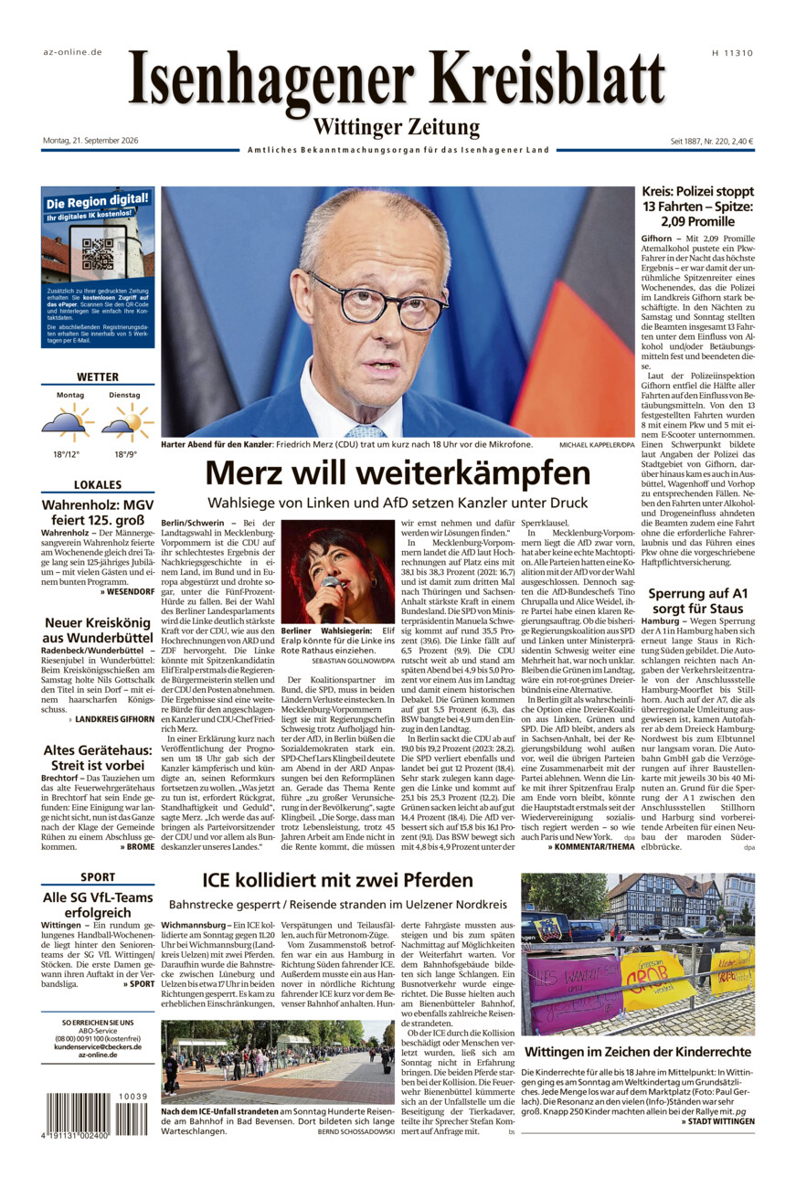 Isenhagener Kreisblatt vom Montag, 21.09.2026