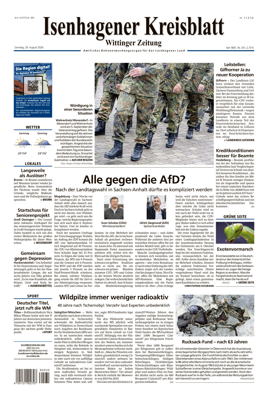 Isenhagener Kreisblatt vom Samstag, 29.08.2026