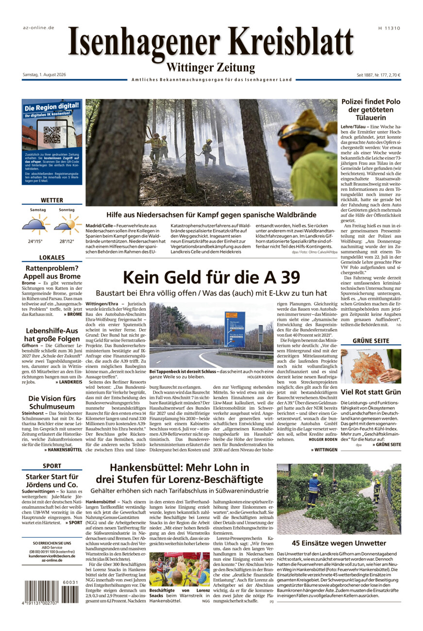Isenhagener Kreisblatt vom Samstag, 01.08.2026