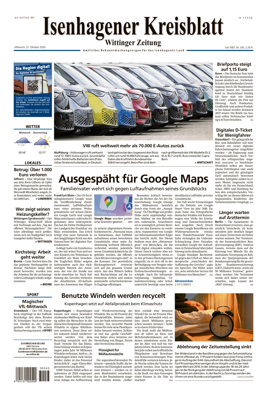 Isenhagener Kreisblatt vom Mittwoch, 21.10.2026
