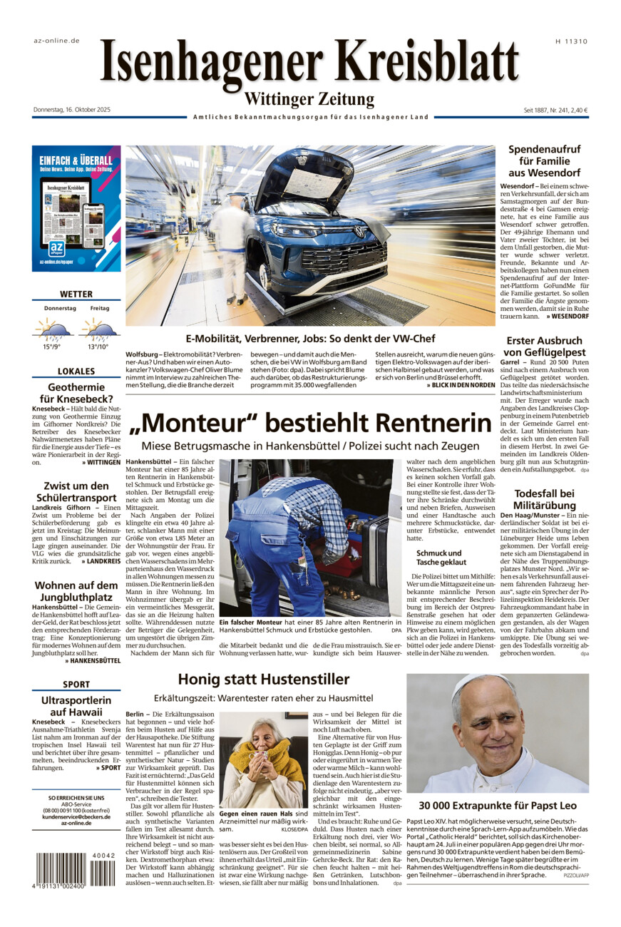 Isenhagener Kreisblatt vom Donnerstag, 16.10.2025