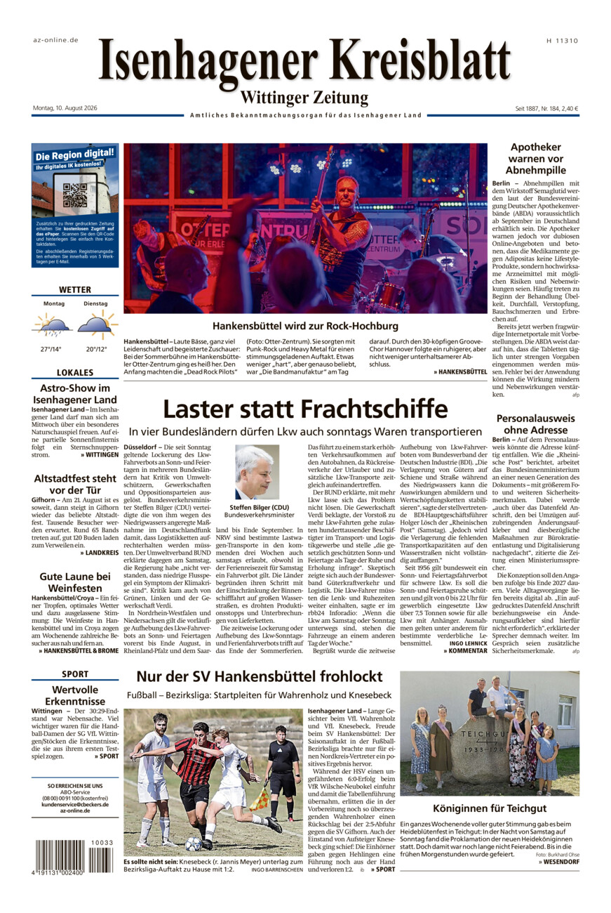 Isenhagener Kreisblatt vom Montag, 10.08.2026