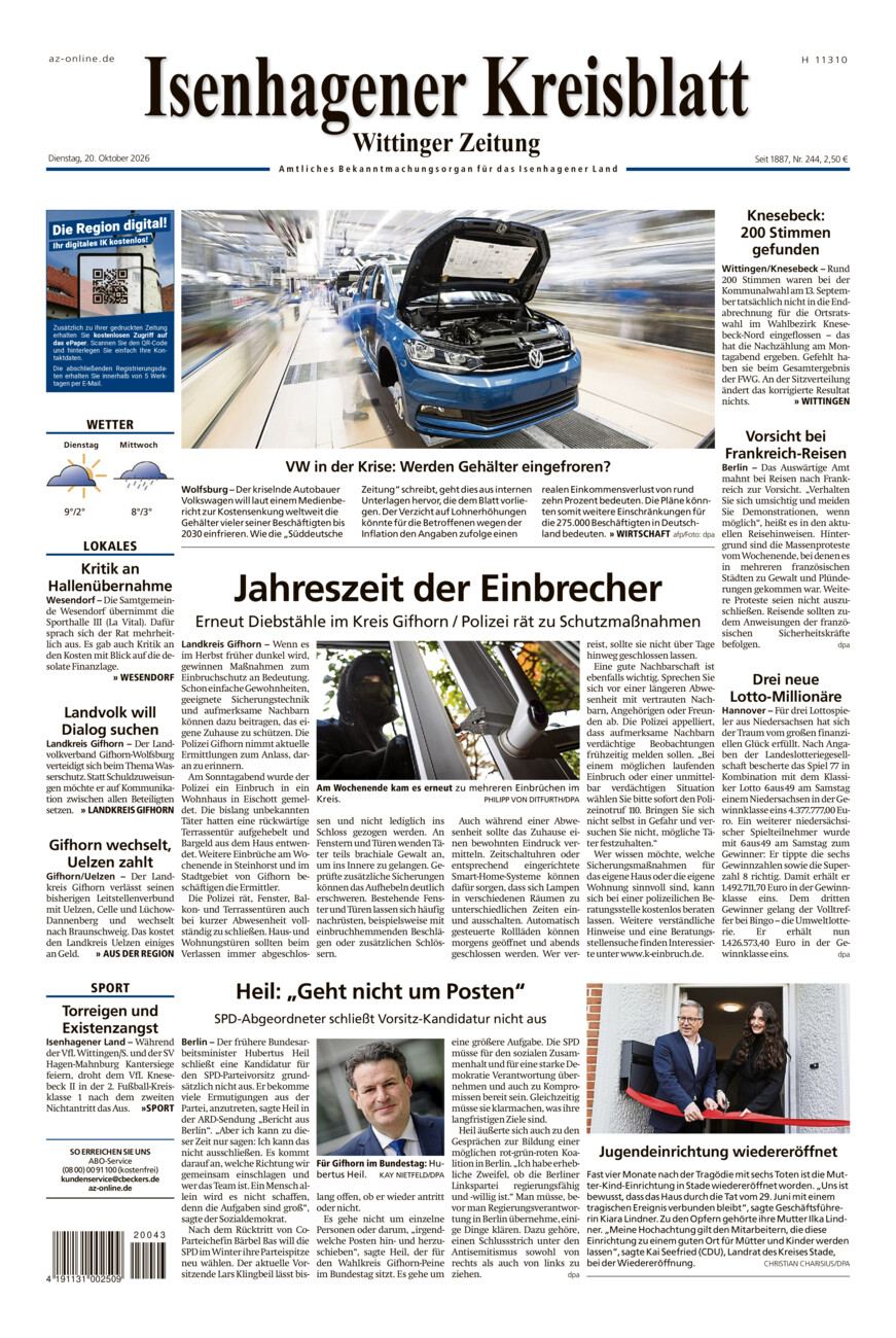 Isenhagener Kreisblatt vom Dienstag, 20.10.2026