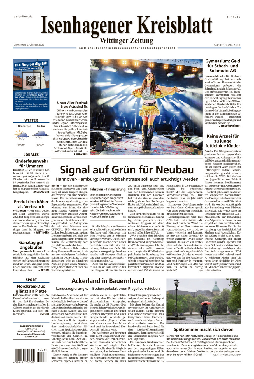 Isenhagener Kreisblatt vom Donnerstag, 08.10.2026