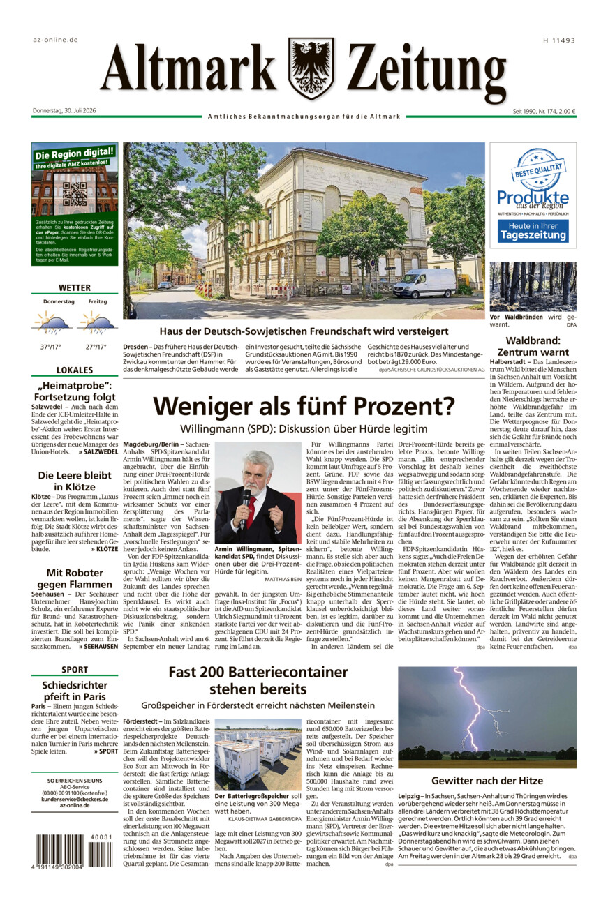 Altmark Zeitung vom Donnerstag, 30.07.2026