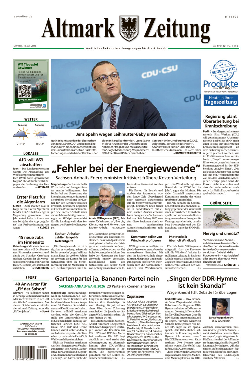 Altmark Zeitung vom Samstag, 18.07.2026