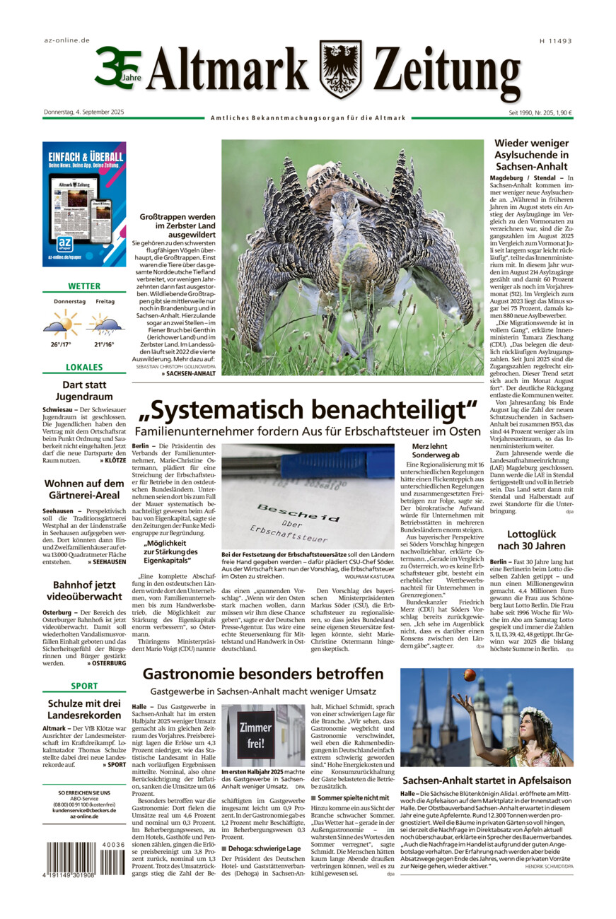 Altmark Zeitung vom Donnerstag, 04.09.2025