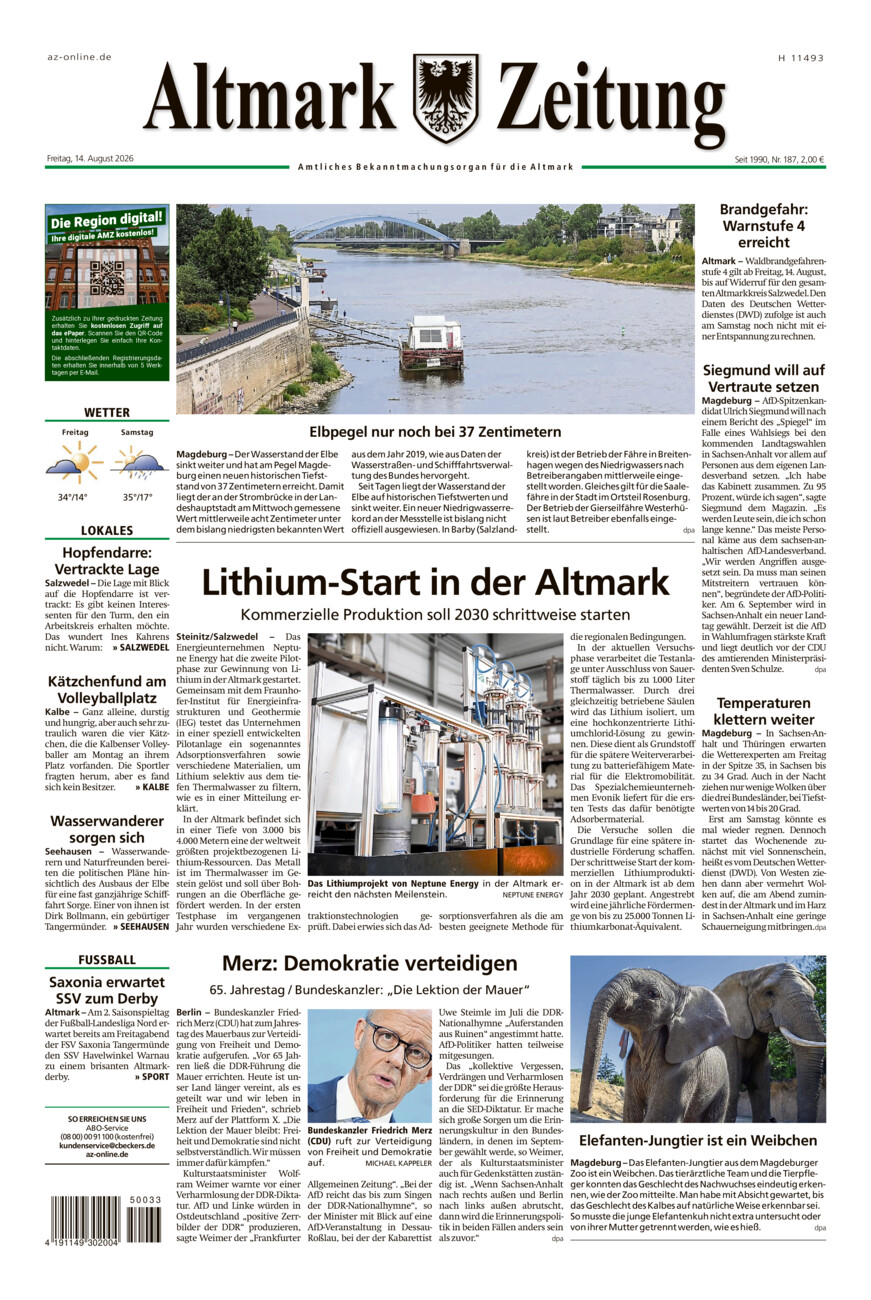 Altmark Zeitung vom Freitag, 14.08.2026