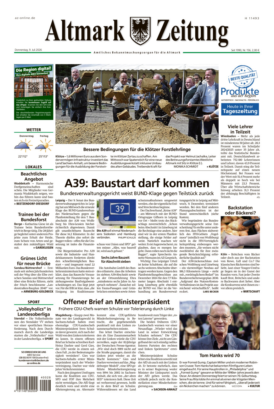 Altmark Zeitung vom Donnerstag, 09.07.2026
