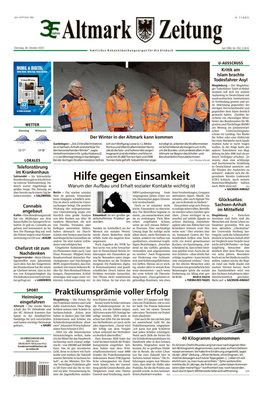 Altmark Zeitung vom Dienstag, 28.10.2025