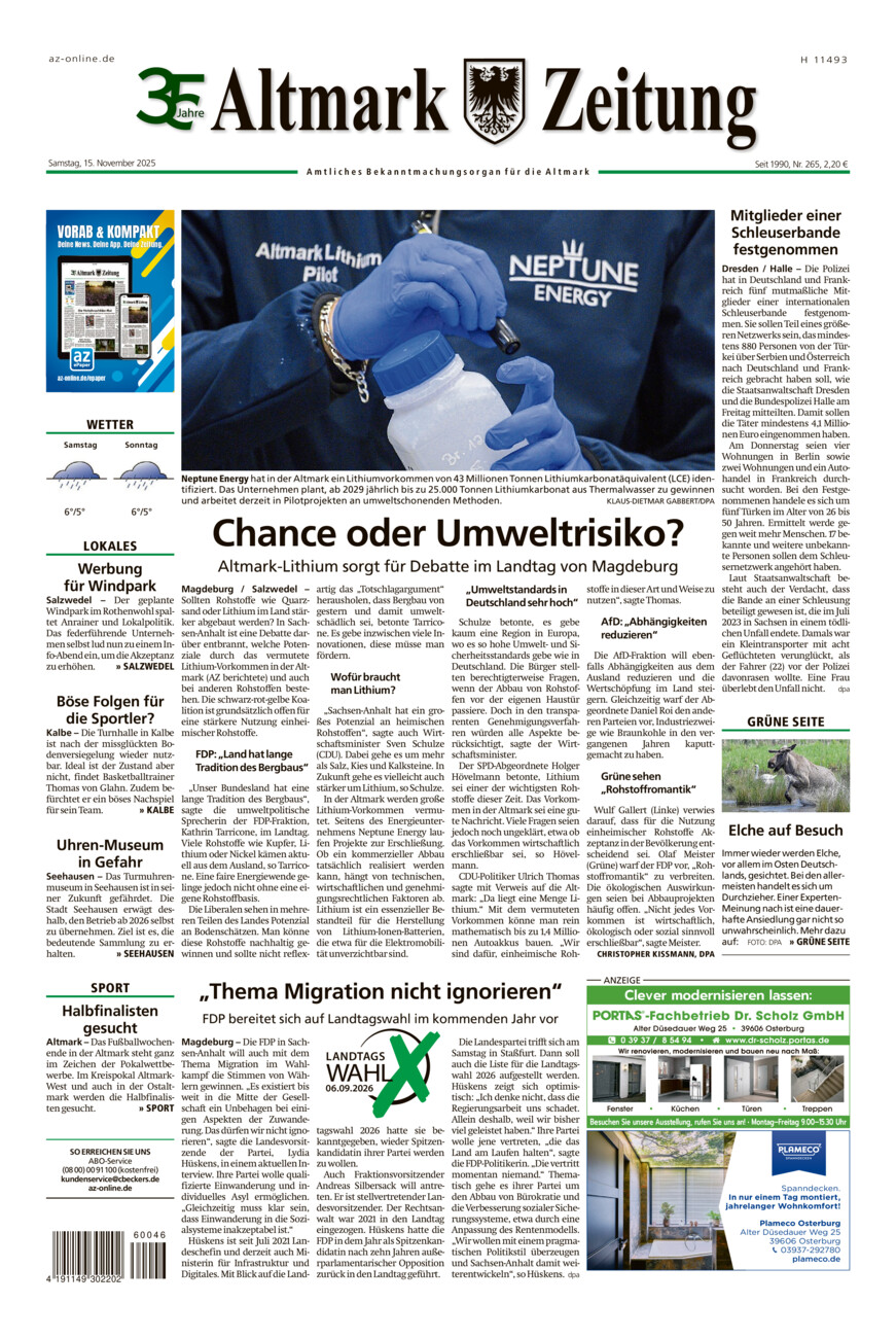 Altmark Zeitung vom Samstag, 15.11.2025