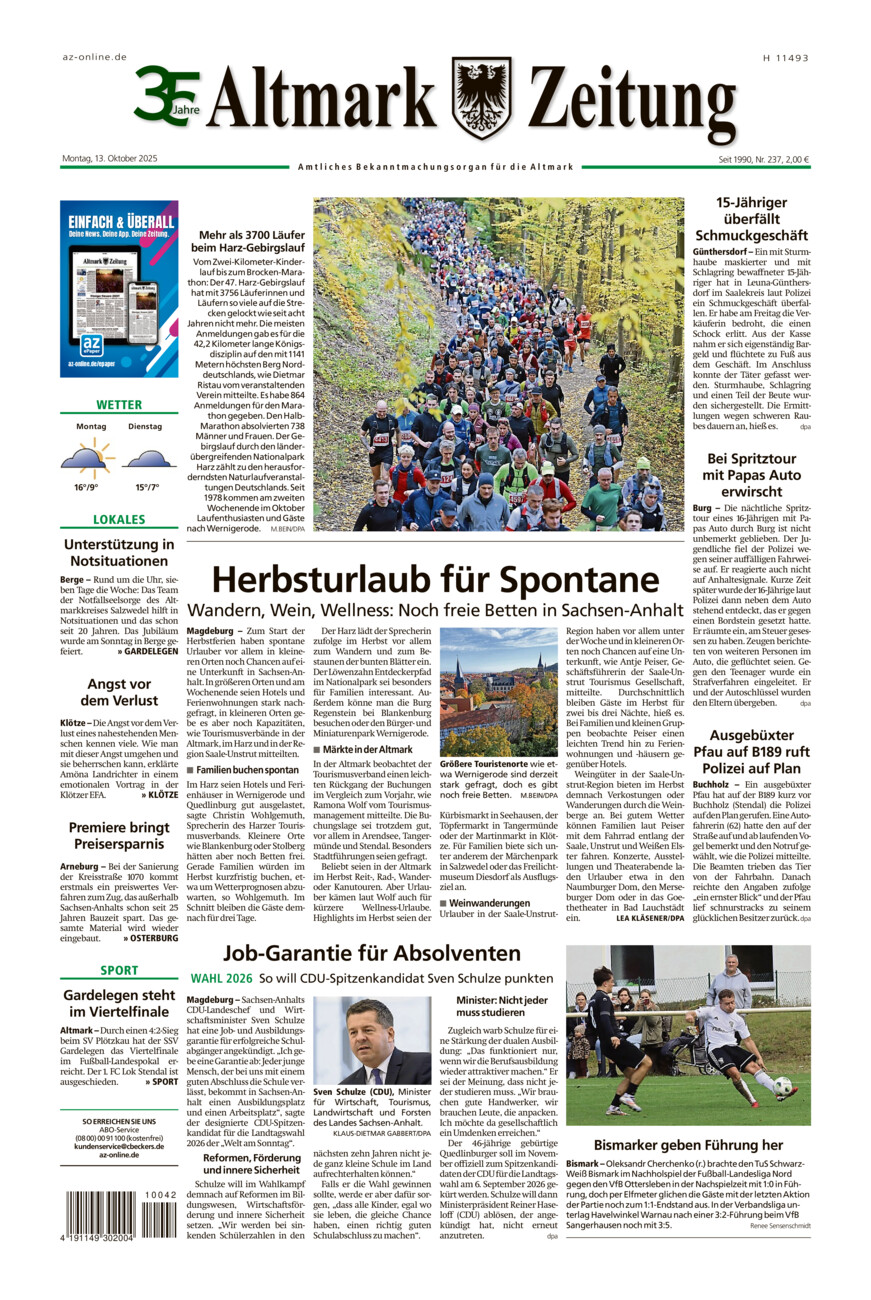 Altmark Zeitung vom Montag, 13.10.2025