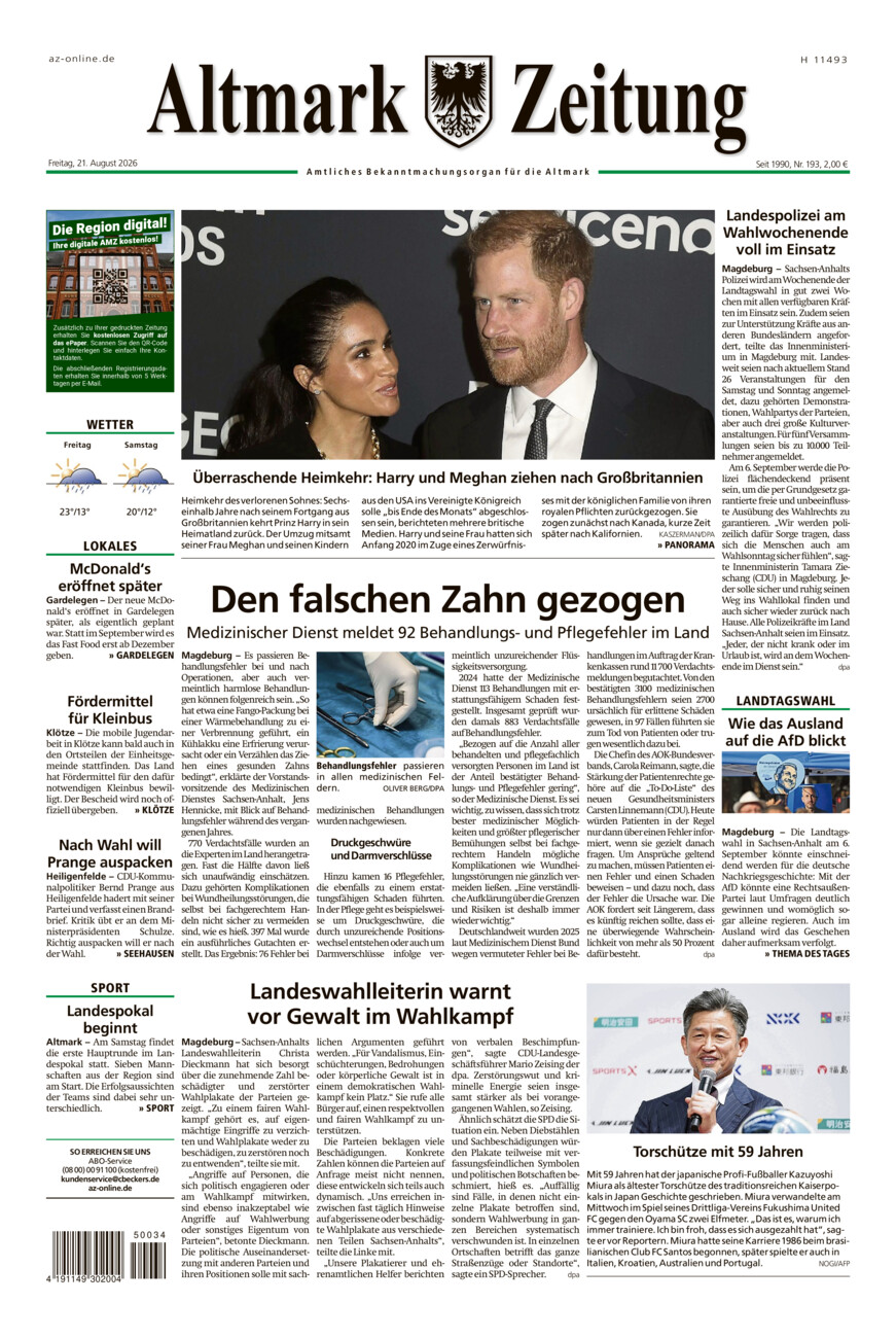 Altmark Zeitung vom Freitag, 21.08.2026